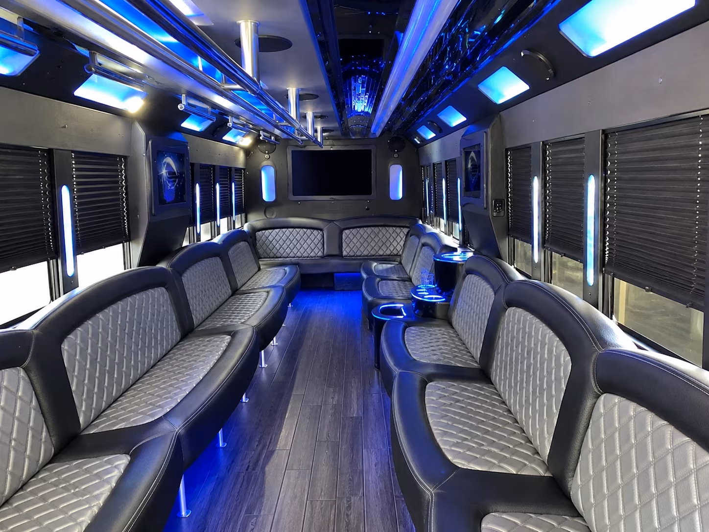Passenger seating aboard a party bus rental serving Philadelphia